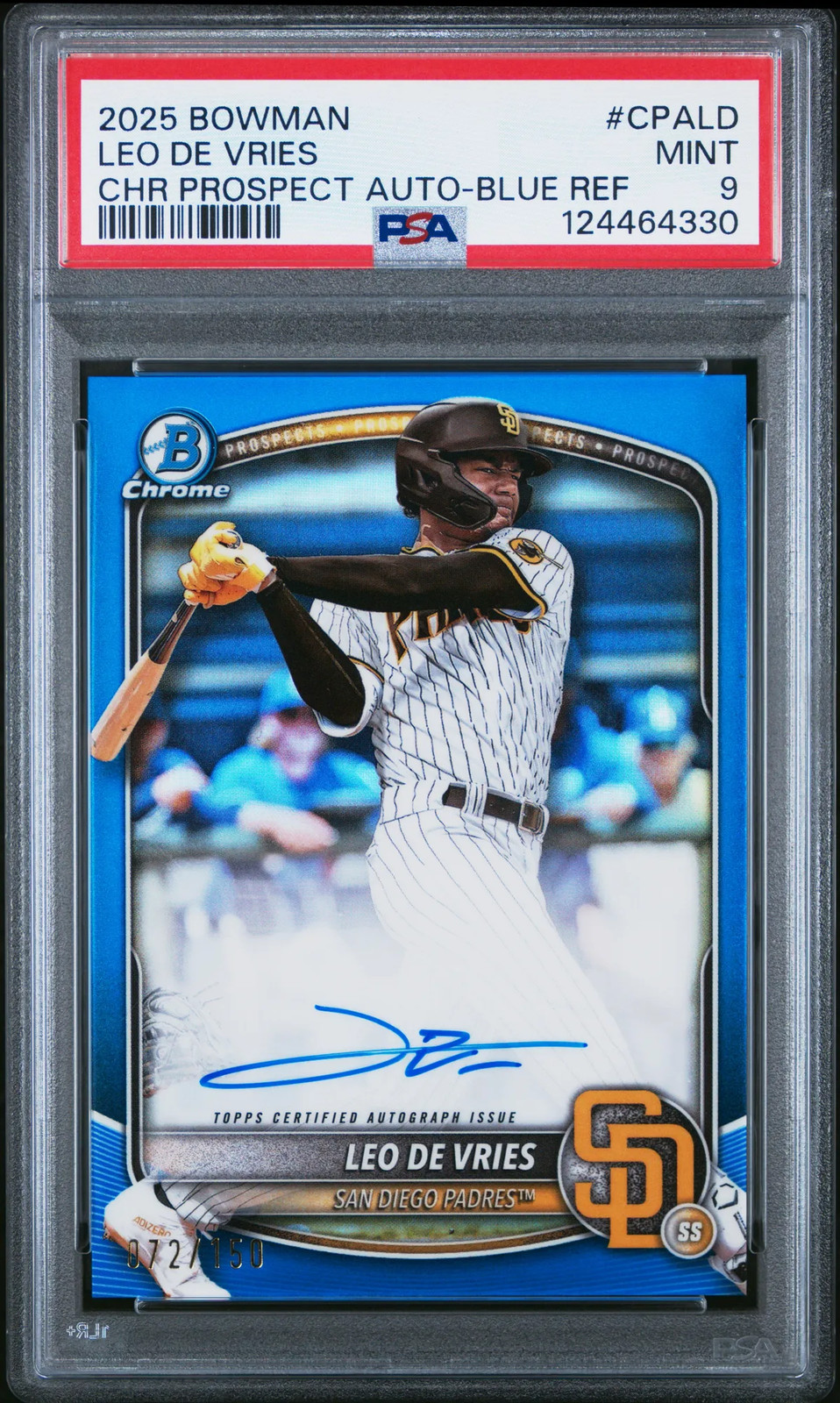 2025 Bowman Chrome Prospect Autograph Leo De Vries #CPALD Blue Ref 072/150 PSA 9