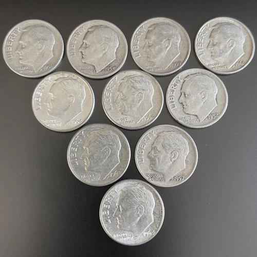 Lot of 10 Silver Roosevelt Dimes - Pre-1965 - 90% Silver - FREE SHIPPING!
