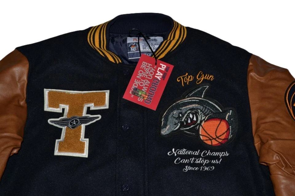 AUTHENTIC TOP GUN SHARK VARSITY MENS JACKET NAVY BROWN NWT - Image 2 of 4