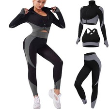 's 3pcs Seamless Outfits Workout Sets,Gym Clothes Yoga Sportswear Leggings an...