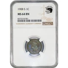 1908-S 1C MS64 BN NGC EEPS TONED COLOR INDIAN HEAD PENNY CENT