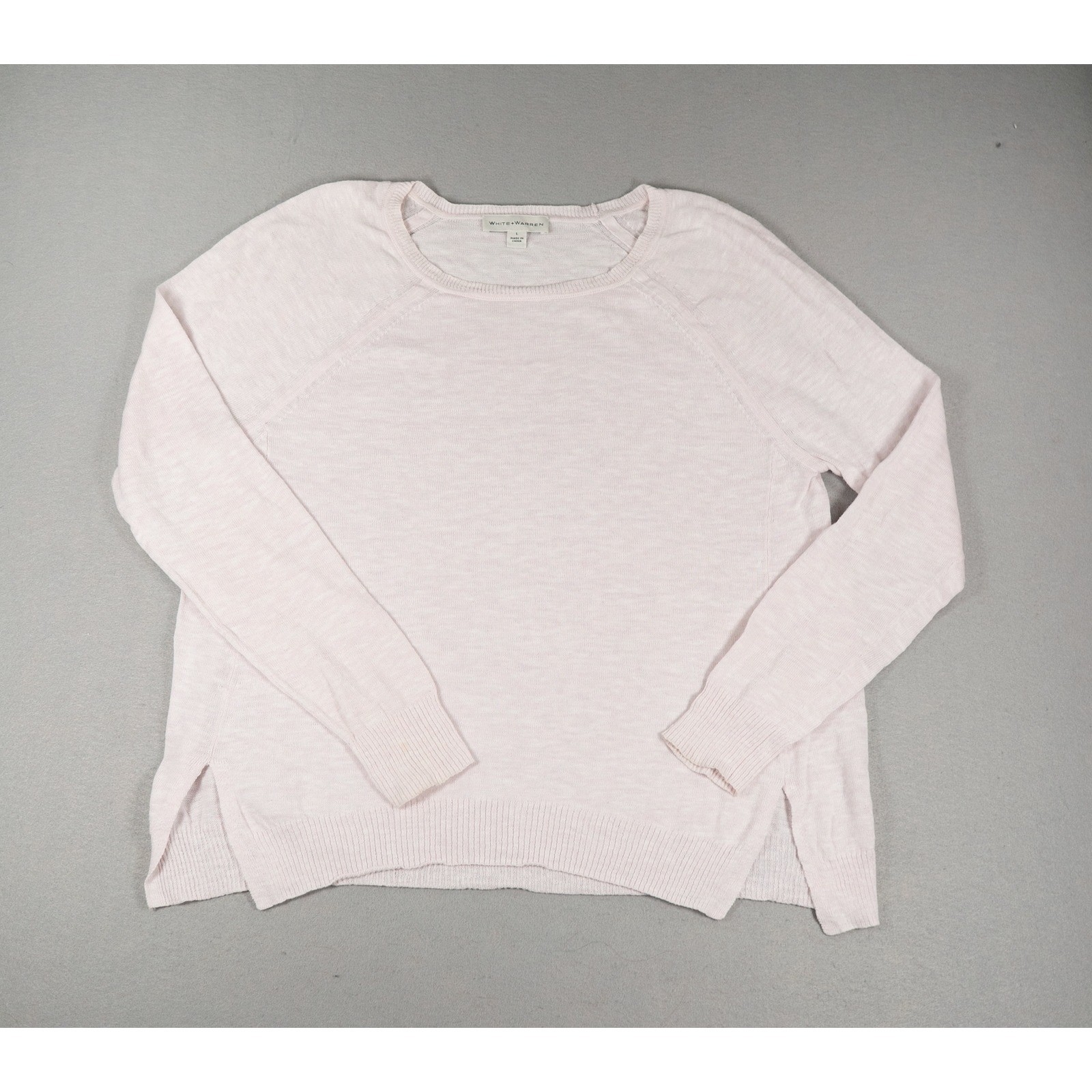 White + Warren Womens Sweater L Pink Cotton Linen Raglan Crew Neck Side Slit