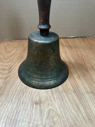 Large Antique Hand Bell Etched Brass Wood Handle Unique Ship Railroad School - Picture 2 of 6
