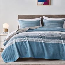 Full/Queen Quilt Bedding Set, White Grey and Blue Patchwork Striped Quilt