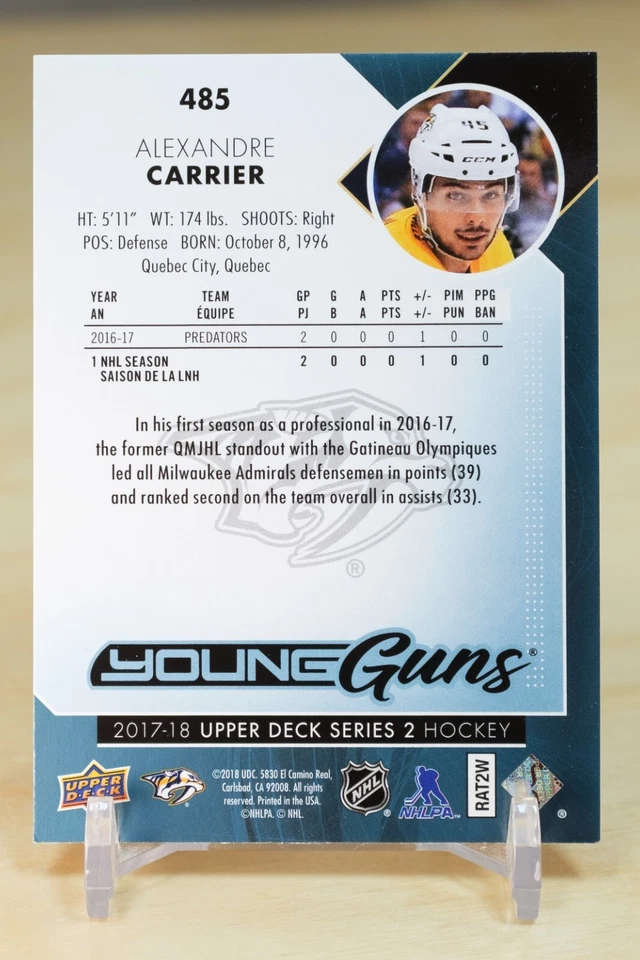 2017-18 Upper Deck Young Guns #485 Alexandre Carrier - Nashville Predators - Image 2 of 2