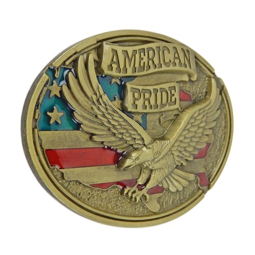 American Pride Flag Eagle Belt Buckle Enamel Color Antique Bronze Fits 1.5" Belt - Picture 3 of 7