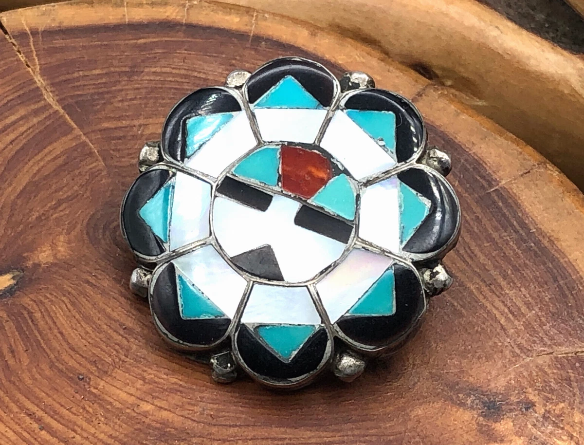 VINTAGE NATIVE AMERICAN ZUNI SUNFACE STERLING INLAY MOP TURQUOISE PENDANT BROOCH