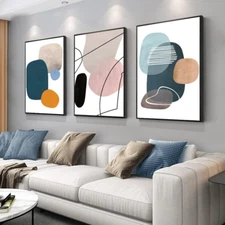 Wall Art 3 Pieces of Framed Decorative Paintings Abstract Simple Orange White Bl