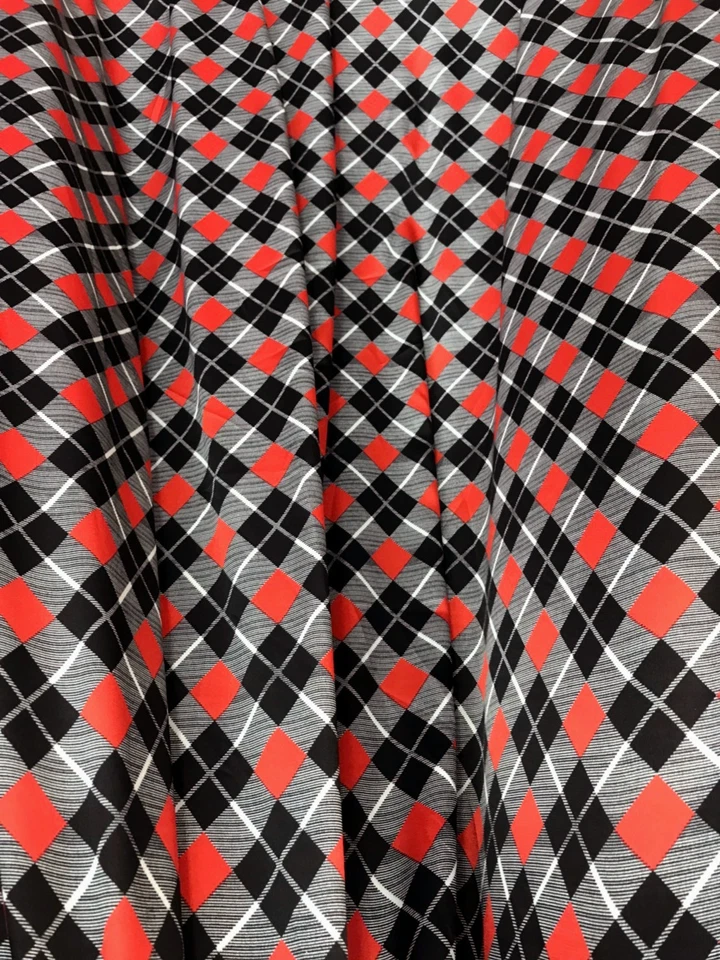 Black Red Diamond Check Print Faux Silk Satin Fabric BTY Drape Shirt Scarf  - Image 3 of 4