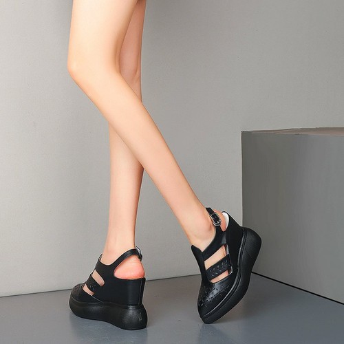Punk Goth Women Genuine Leather Platform Wedge Summer Ankle Boots Sandals Pumps - Picture 7 of 14