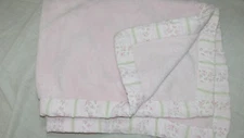Kidsline pink plush baby blanket w/ floral + green striped trim USED wash wear 