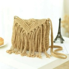 Women Woven Tassel Fringe Shoulder Bag Boho Messenger Tote Handbag Straw Rattan