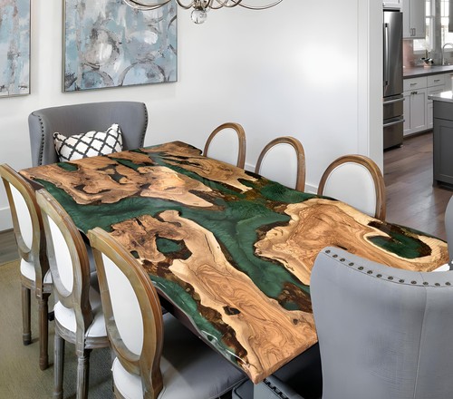 Custom Live Edge Olive Wood River Epoxy Dining Table– Custom Dining - Picture 2 of 8