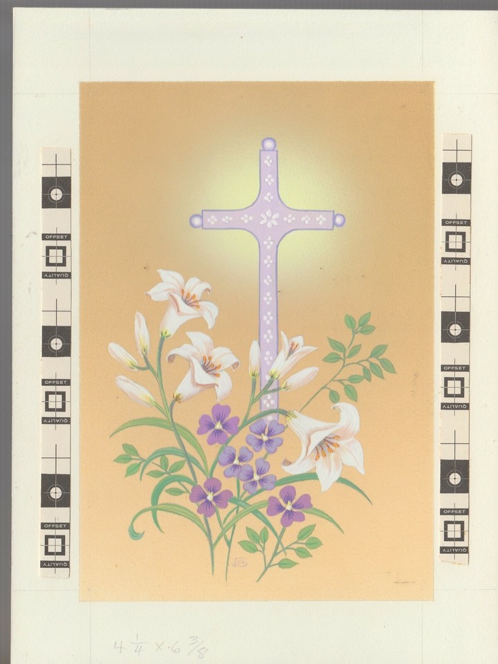 AT EASTERTIME Purple Cross w/ White Daffodils 6x8.5  Greeting Card Art #E2415 Comic Art