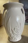 Vintage 1930's  McCoy Matte White 8" Urn Vase Double Handle Flowers & Leaves