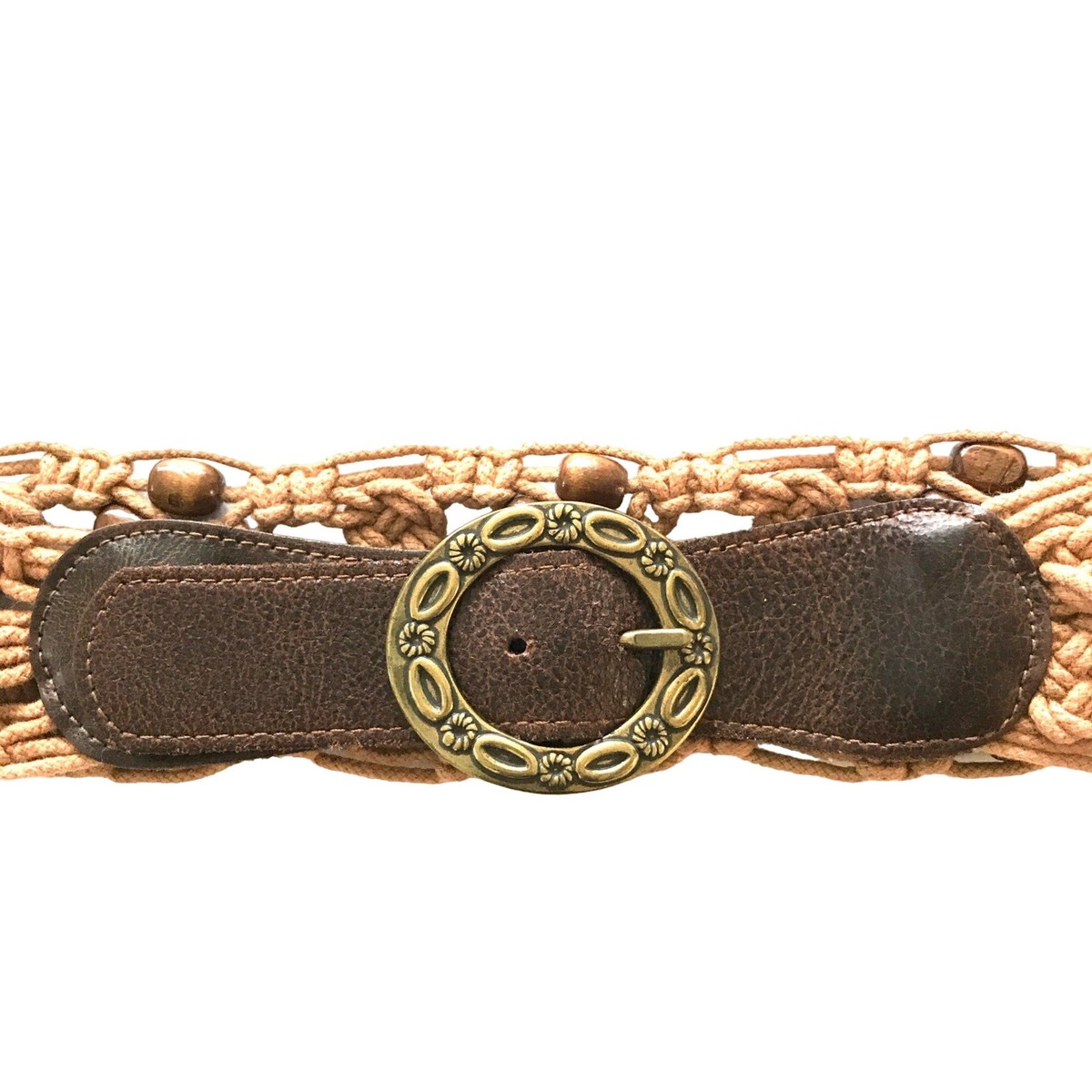 Landes Vintage Macrame Wood Bead Belt Brown Italian Leather Brass Buckle Large Vintage Macrame Belt: Dark Brown Cord, Wood Beads, Plus Size  main image 4