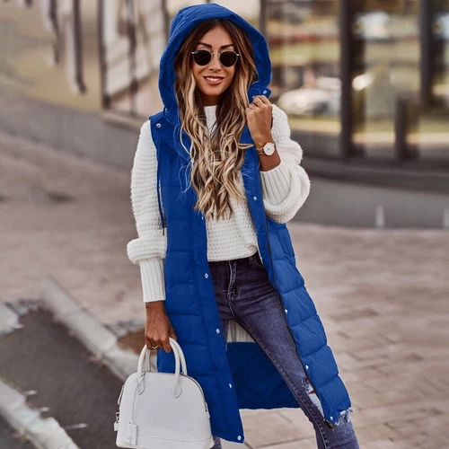 Winter Women's Hooded Quilted Zipper Vest Thick Vest Long and Warm - Foto 15 di 20