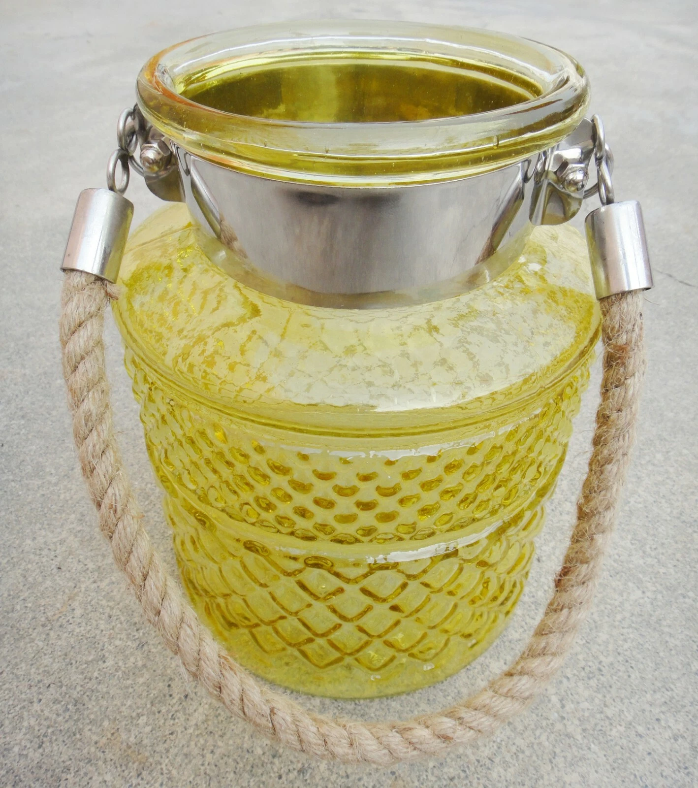Yellow Glass Jar In Square Embossed Design With Hanging Jute Rope
Opens in a new window or tab