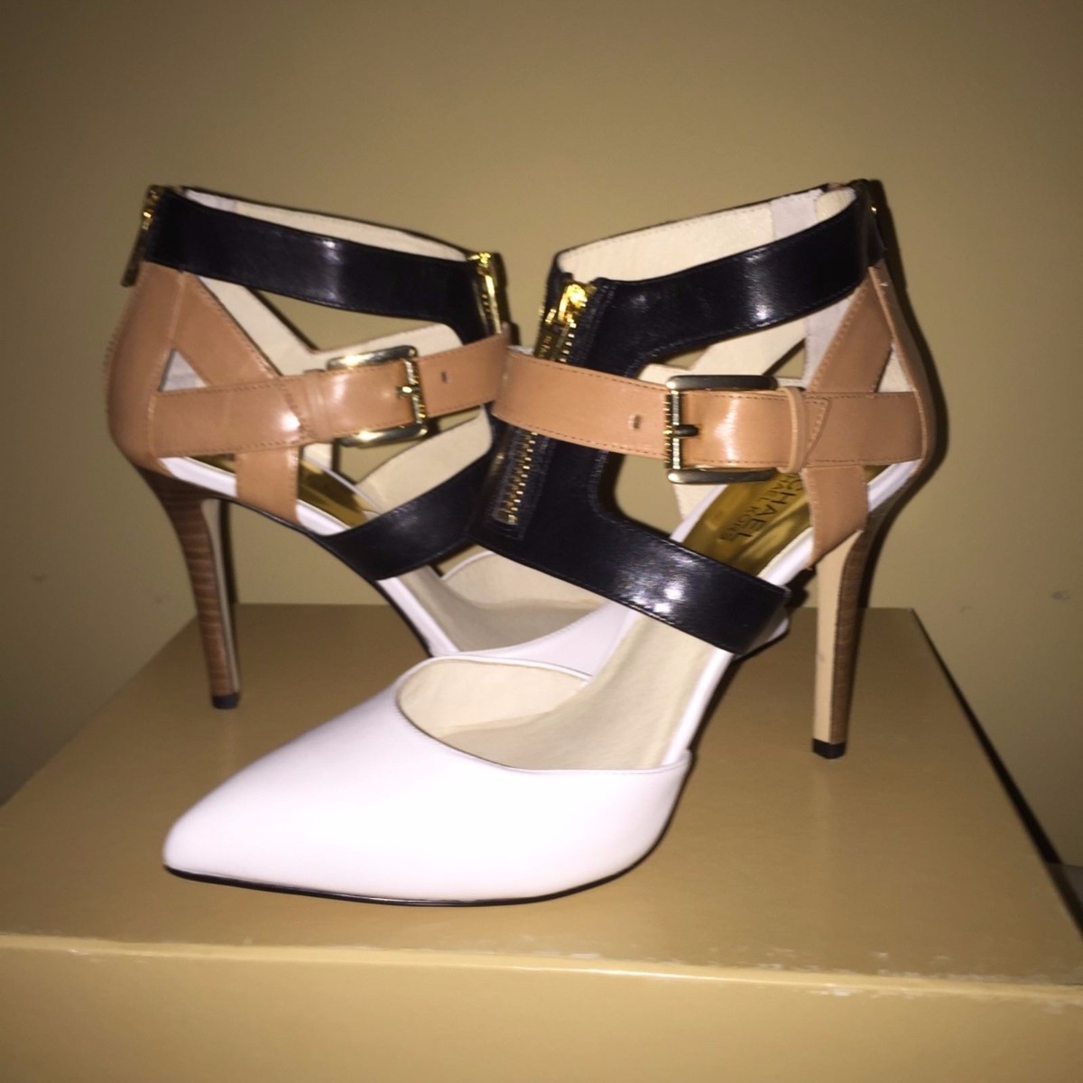 Michael Kors Anya Optic White Black Suntan Tan Zip Pointed Toe