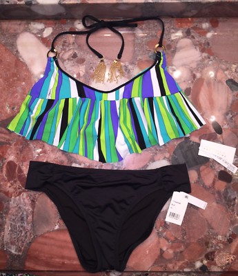 Nwt Trina Turk Sunburst Bauchfreies Top Schwarz Bikini Badeanzug 2pc Damen 10