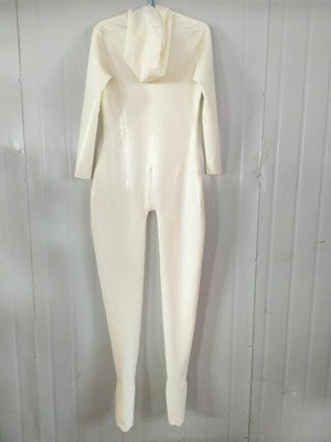 Nue Latex Rubber Catsuit Weiß Sexy Hooded Gummi Bodysuit Poliert Ganzanzug S-XXL