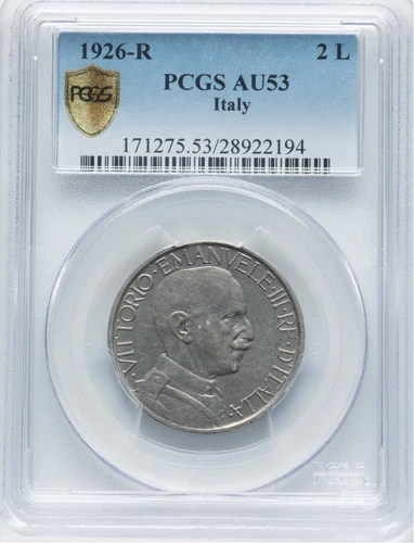 ITALY  KINGDOM  1926-R   2 LIRE COIN, NGC CERTIFIED AU53, SCARCE DATE