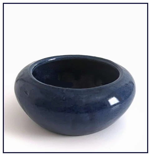 J A BAUER POTTERY   5" Stoneware Flower Bowl + Flower Frog, Cobalt Glaze, 1920's