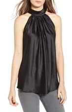 Bishop + Young Black Satin Tie Neck Top Women's Size Large L37632