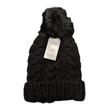 Time And Tru Women's One Size Solid Cable Knit Pom Beanie Hat Black NWT