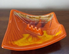 MCM Ashtray Glazed Ceramic Orange Yellow Brown 9" x 9" Calif. USA Mark