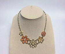 Gold Tone Metal Enameled Flower Necklace 16" Floral Pink Cream Rhinestones