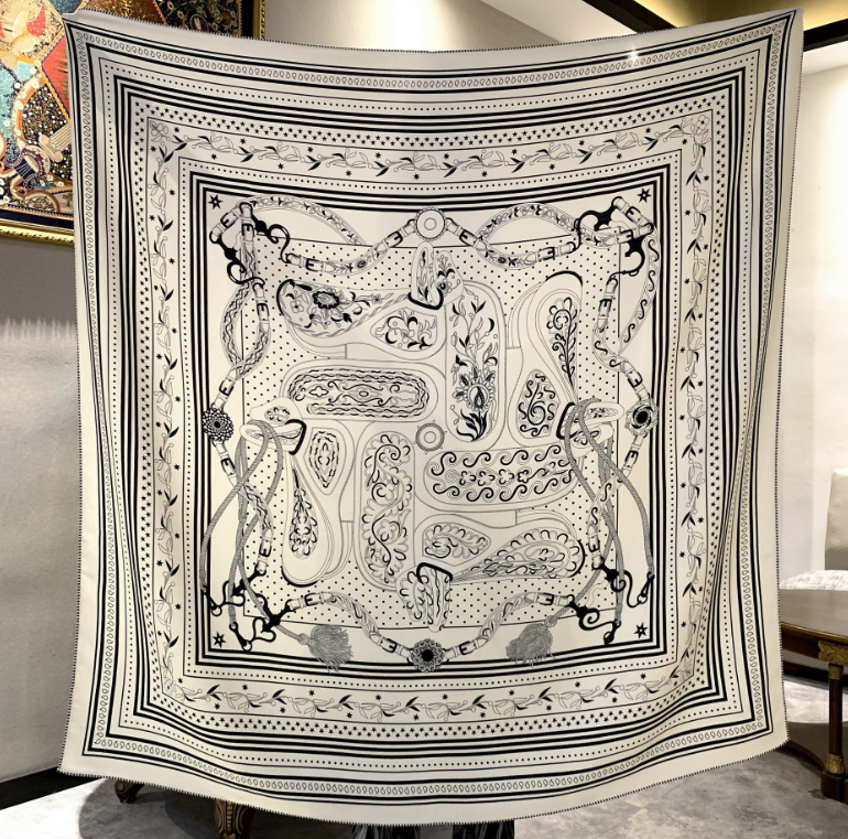 70% Cashmere 30% Silk Neckerchief 53''  Double Face Scarf Wrap Cashew lace Print