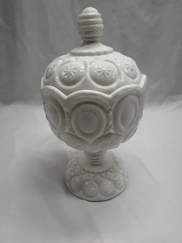 Vintage Kanawha Moon And Stars Pedestal Milk Glass Compote With Lid