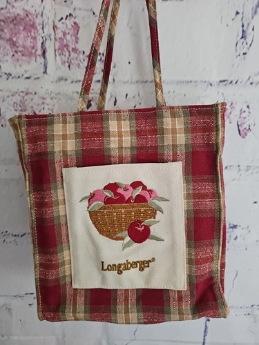 Longaberger Homestead Collection Red Plaid Small Tote Embroidered Basket Apples