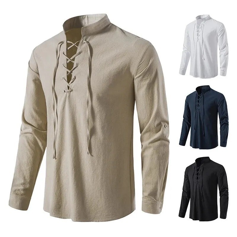 Men's Cotton Linen Shirt Lace-up Vintage Casual Long Sleeve Tee Medieval Top!