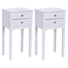2 PCS Side Table End Accent Table Night Stand W/ 2 Drawers White