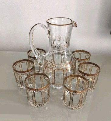 Glass Bor, Czech Republik, Wasserkrug &6 Gläser, Apfelsaft Trink-Set, Goldrand.