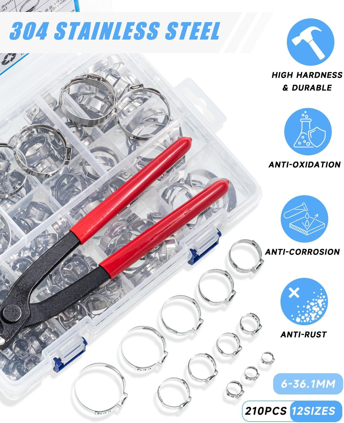 210PCS 304 Stainless Steel Single Ear Hose Clamp Assortment Kit - 12 Sizes (6-36