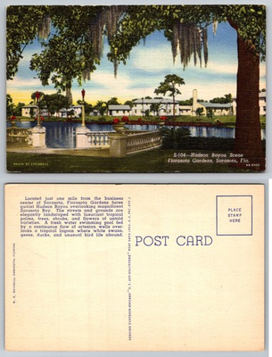 #ad Vintage Florasota Gardens Sarasota FL Hudson Bayou Linen Postcard 1939 $4.44
