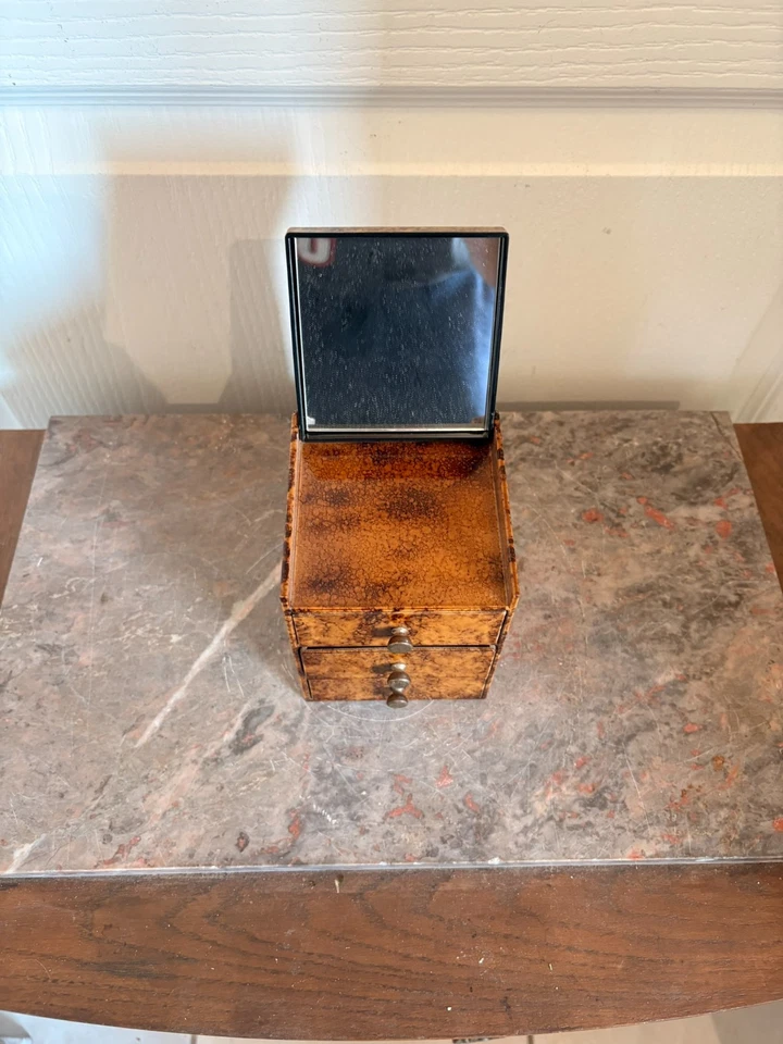 Ancien Boîte Bijoux Vintage JAPON Marron 3 tiroirs Miroirs - Photo 3/4