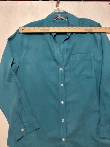 Investments Petites PM Teal 100% Silk Button-Up Shirt Long Sleeve Blouse - Picture 2 of 8