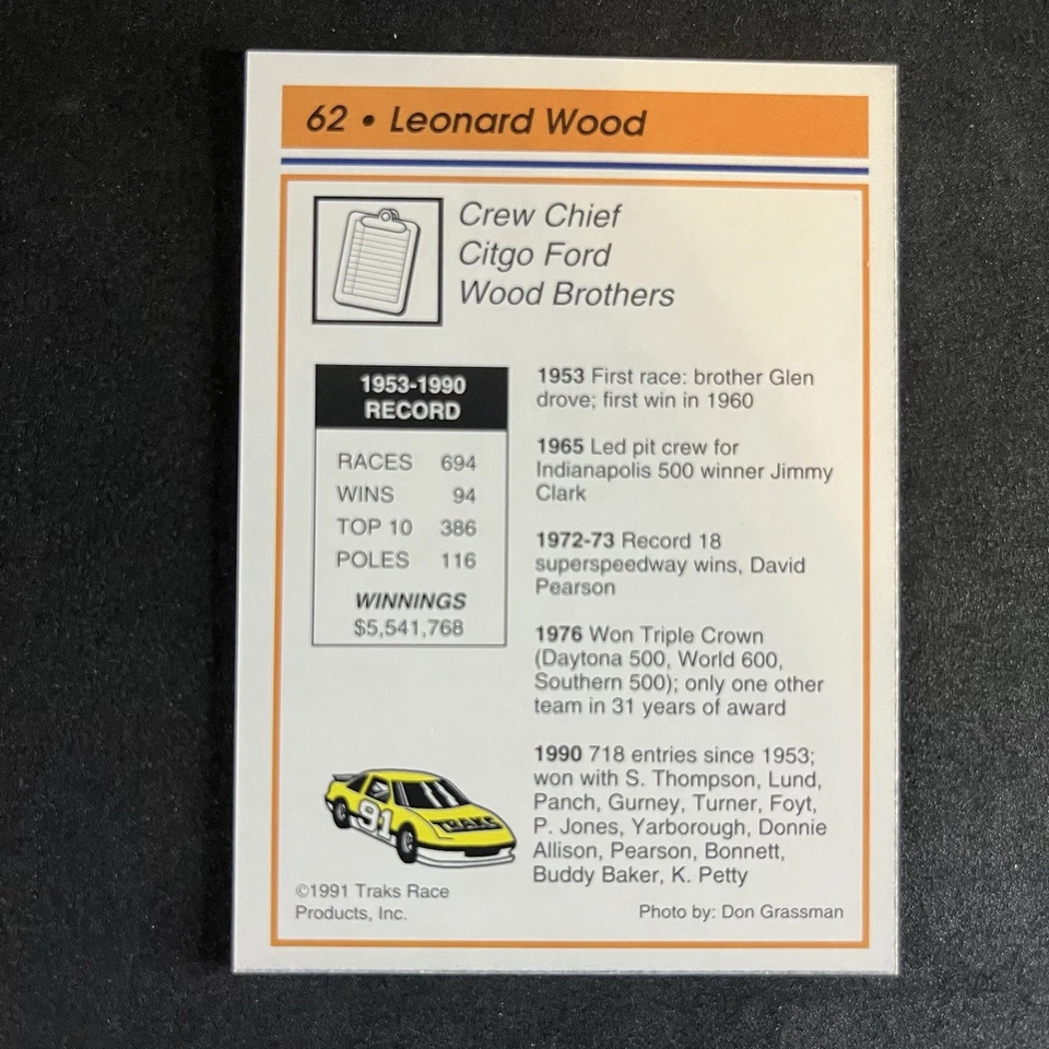 1991 TRAKS RACING CARD #62 LEONARD WOOD - Image 2 of 2