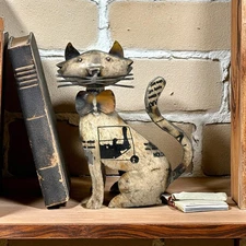 Recycled Scrap Small Metal Kitty Cat Statue Rustic Home Garden Decor 7.25" Tall