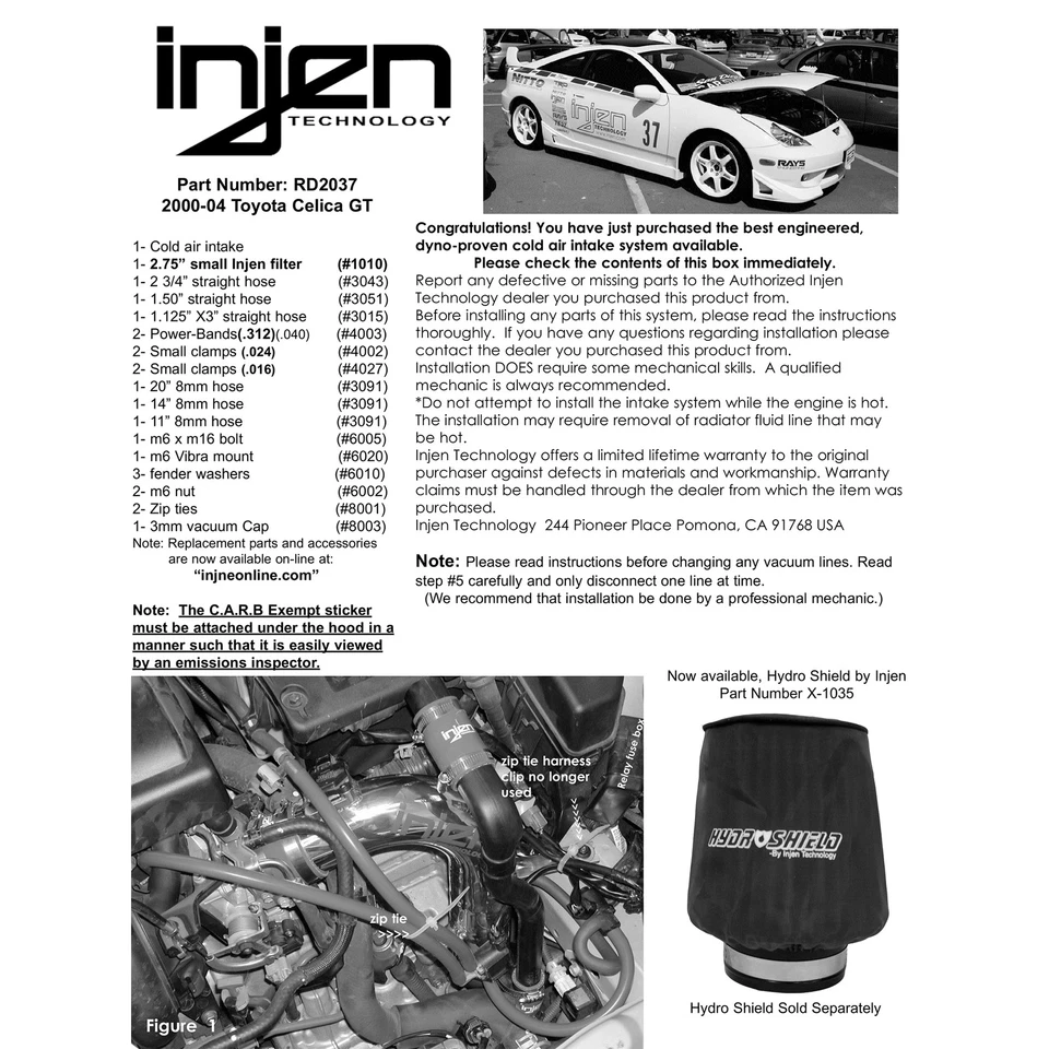 Entrada de ar frio Injen RD2037BLK alumínio preto para 2000-04 Toyota Celica GT 1.8L - Imagem 4 de 4