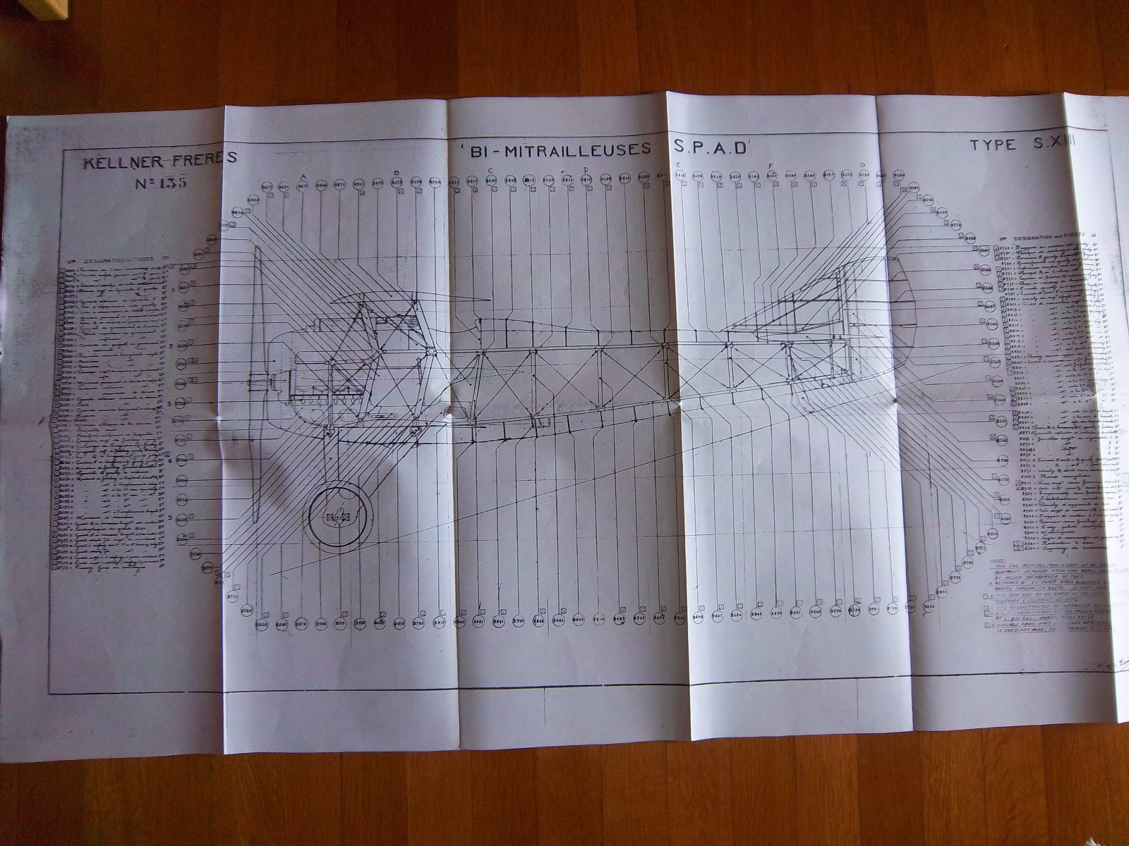 AEREO FRANCESE 1°G.M. KELLNER "MITRAILLEUSES SPAD S.XIII" DISEGNO LEGENDA PARTI