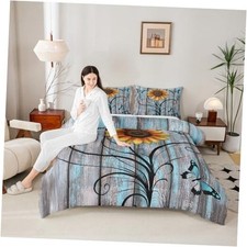 Yellow Sunflower Comforter Set,Butterfly Bedding Set Rustic Queen Pattern 14