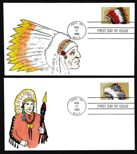 2 Indian Headdress FDC Hand Painted GJM Cachets