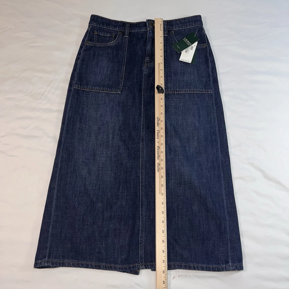 Falda Midi Denim Lauren Ralph Lauren Pequeña Talla 6P Bolsillos Lavados Oscuros Preppy Nueva con Etiquetas Foto 2 de 4