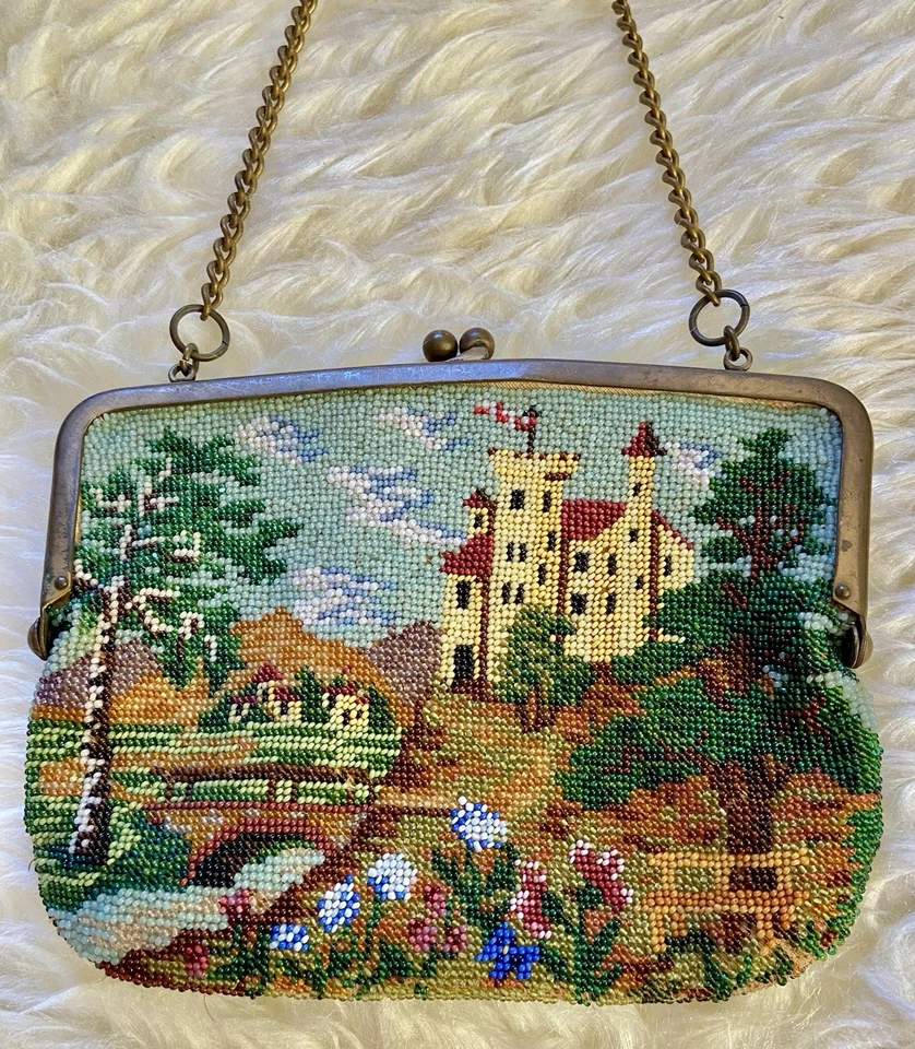 Victorian Vintage Micro Beaded Castle Scenic Purse Metal Frame - Image 4 of 4