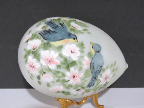 Vintage Milk Glass Blown Hand Painted 5" Easter Egg - Bluebirds